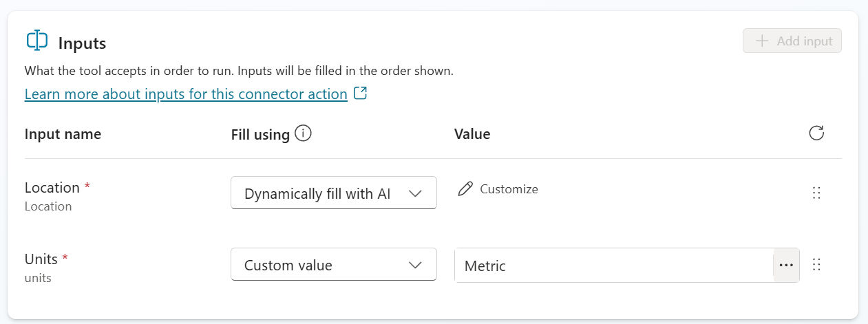 Get current weather — Inputs with Units set to Custom value: Metric