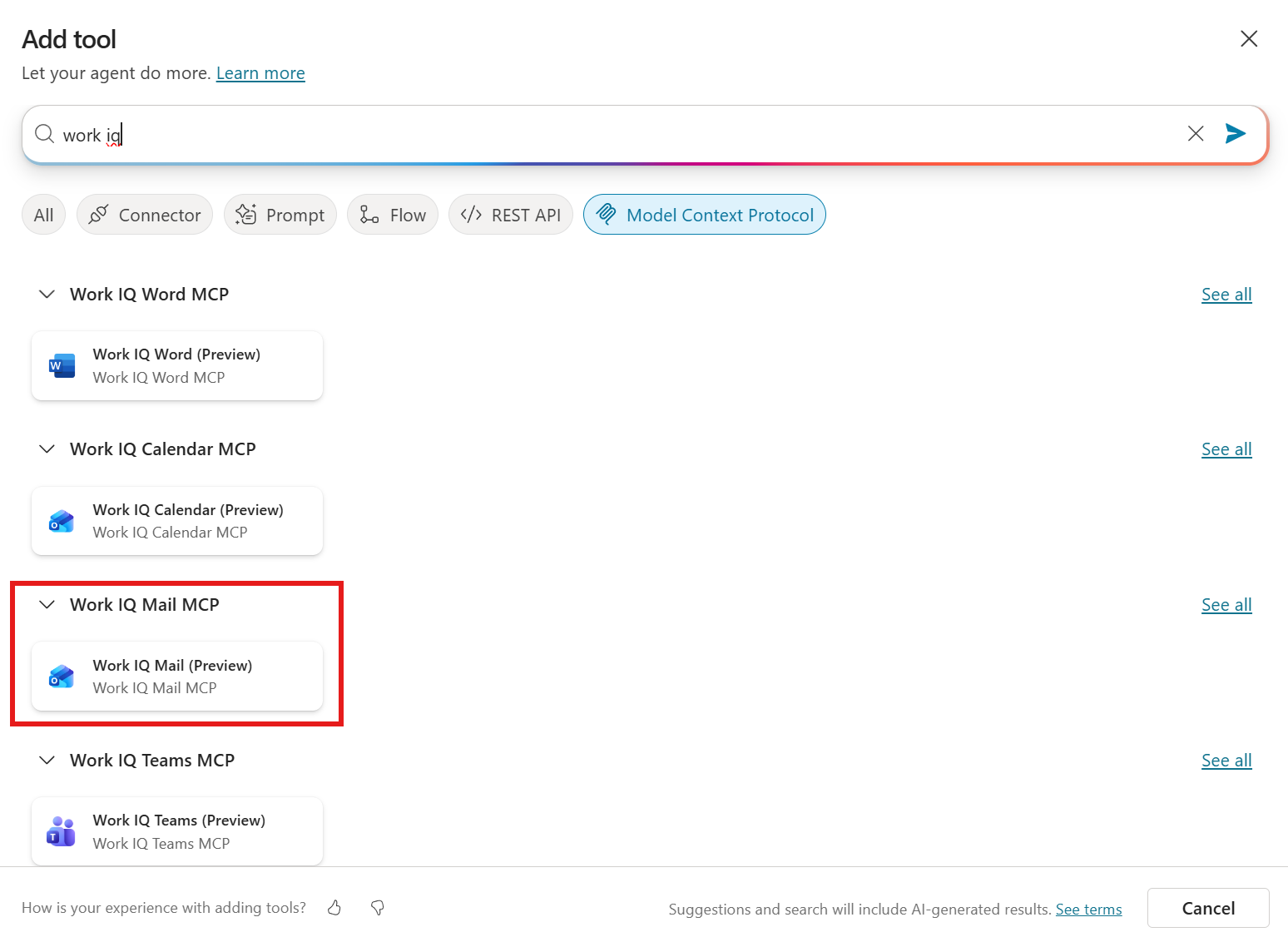 Add tool — Work IQ Mail (Preview) under Work IQ Mail MCP