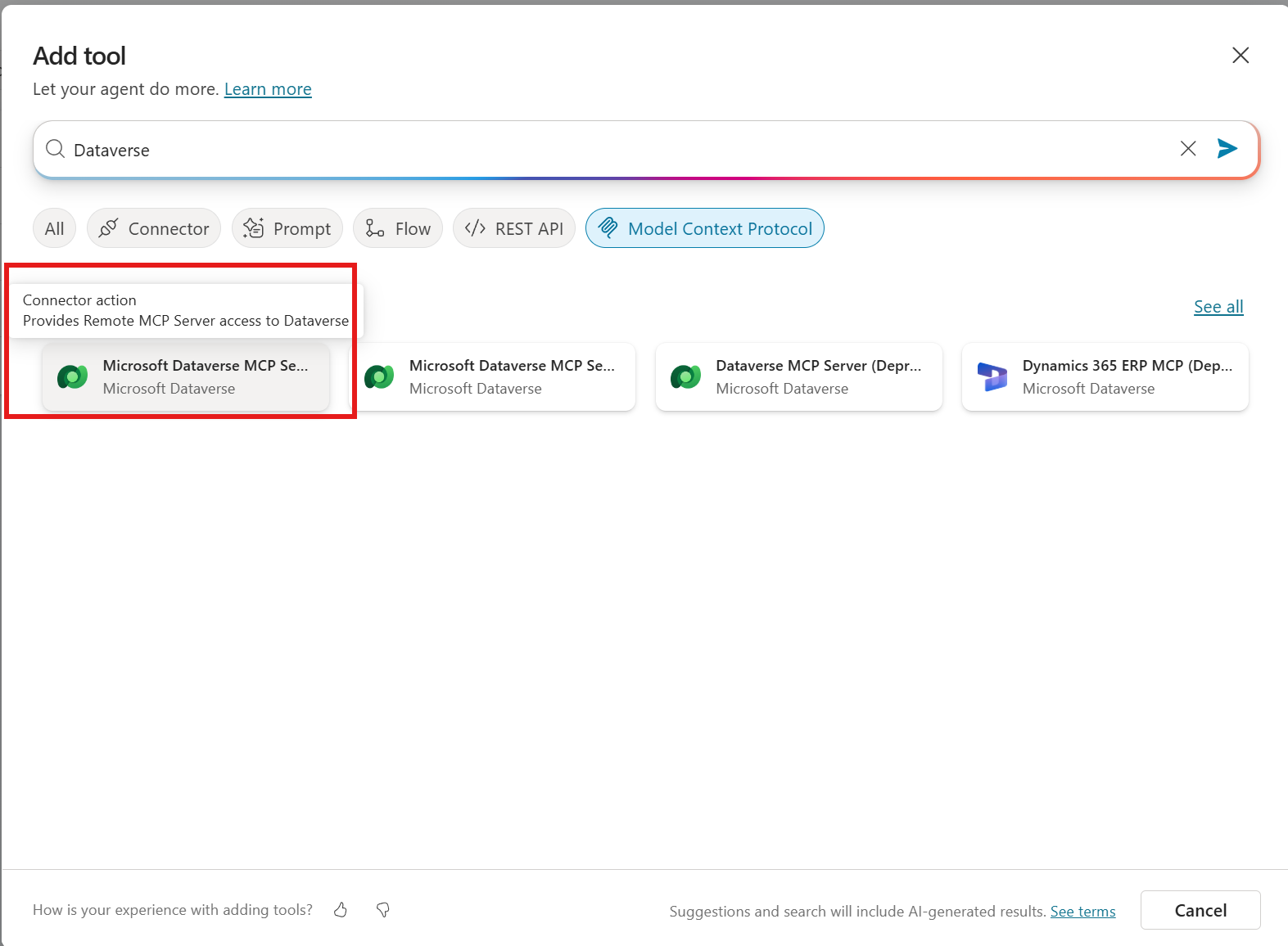 Add tool — Microsoft Dataverse MCP Server selected (not Deprecated / not Preview)
