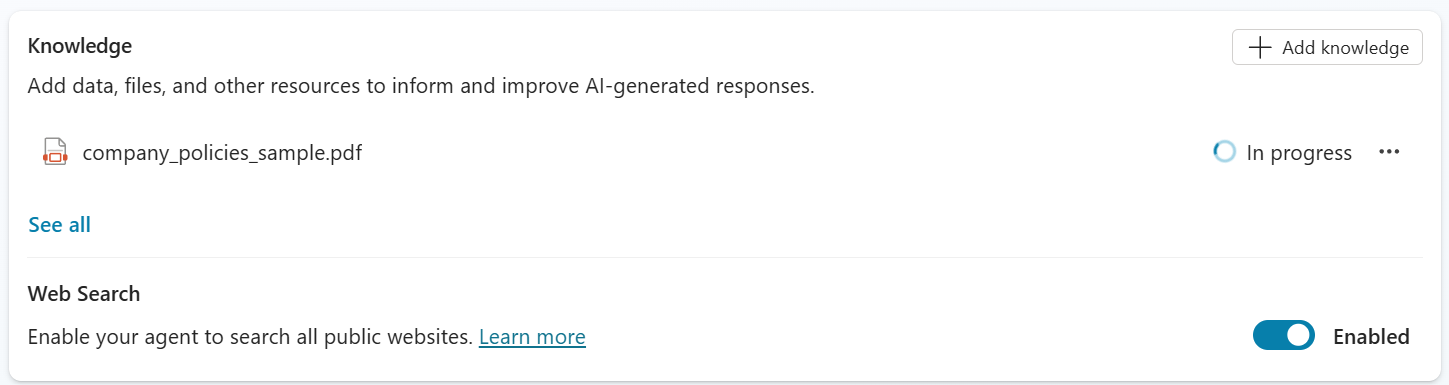 Knowledge section showing company_policies_sample.pdf with In progress status