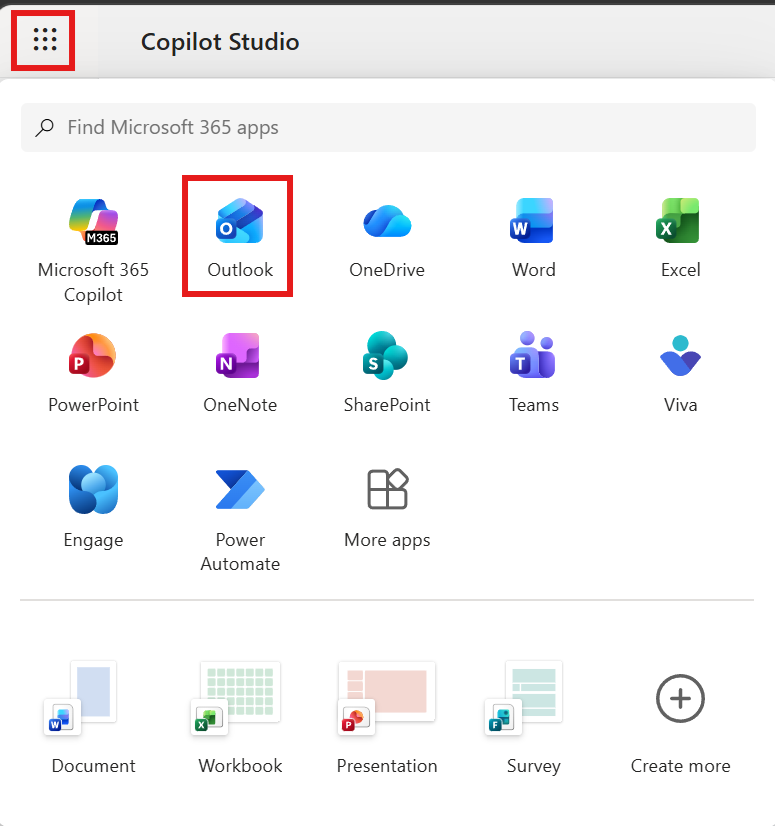 Microsoft 365 app launcher with Outlook highlighted