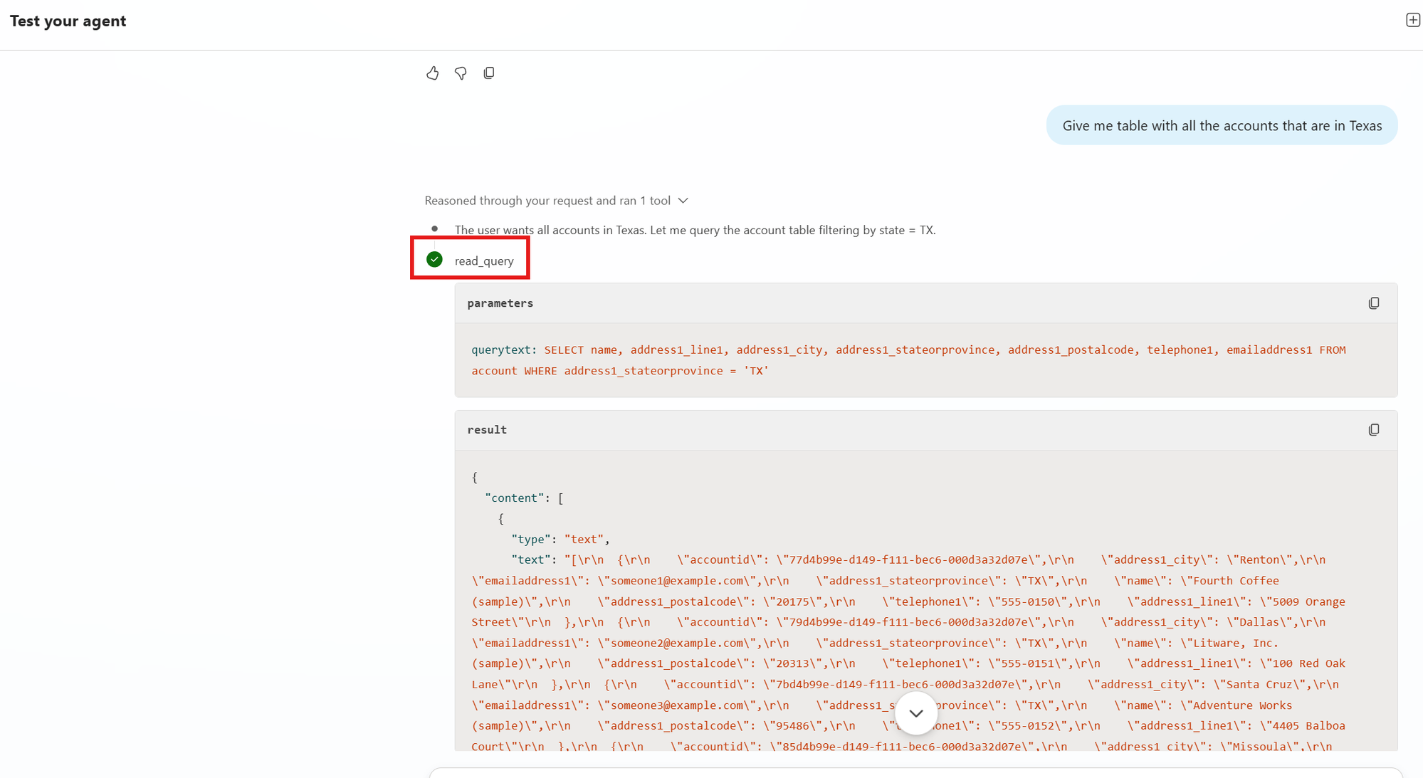 Expanded train-of-thought step — read_query showing parameters and result