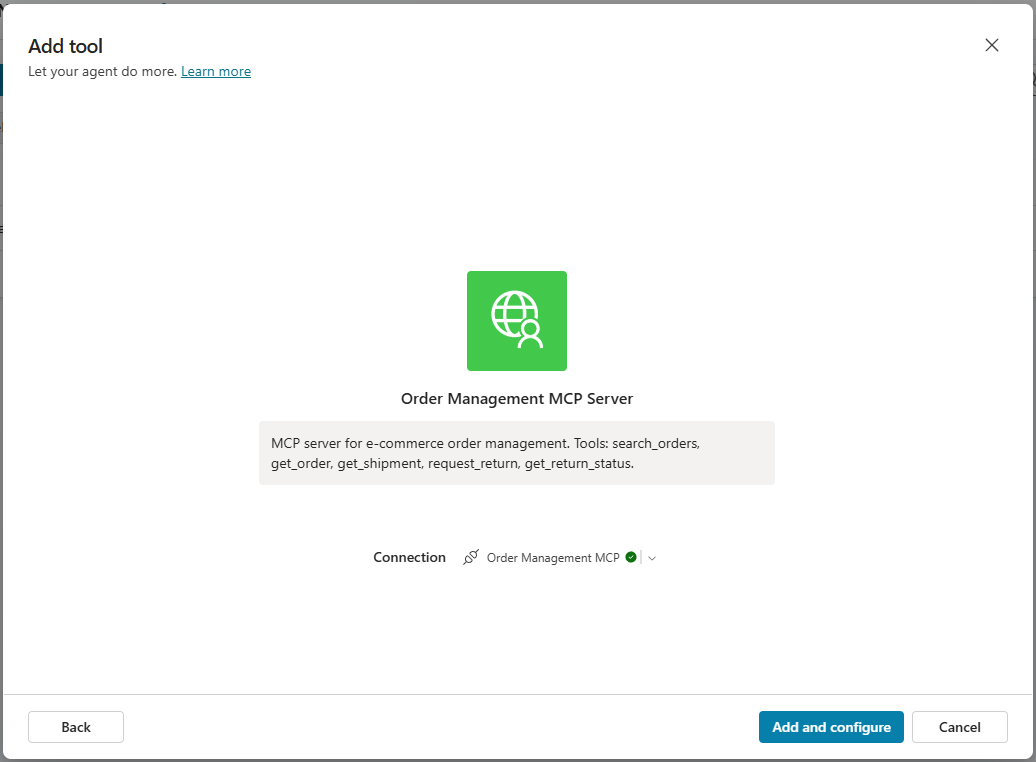 Creating the MCP connection through the classic agent