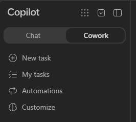 Copilot navigation with Cowork selected beside Chat and the New task option underneath