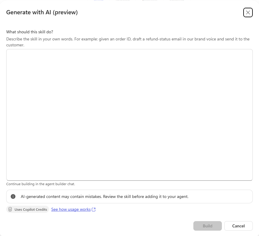 Generate with AI (preview) showing the text description box and Build button