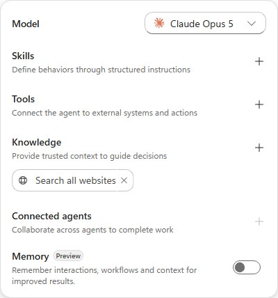 The agent configuration rail showing Model, Skills, Tools, Knowledge, Connected agents and Memory
