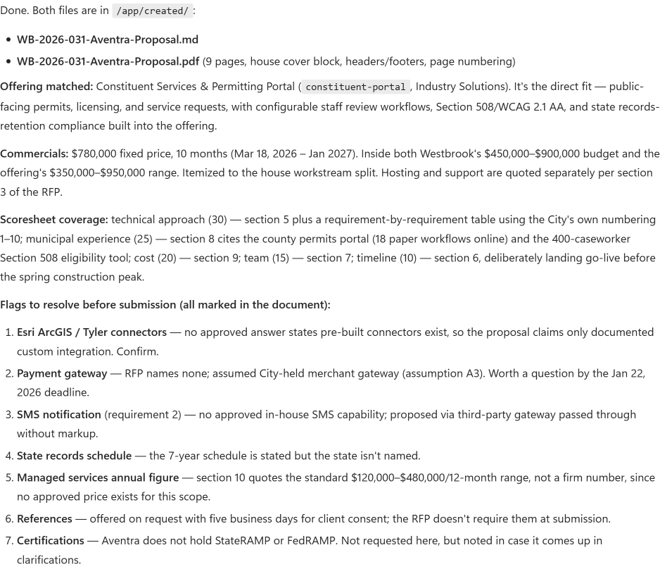 The agent's closing summary listing the matched offering, commercials, scoresheet coverage and flags to resolve