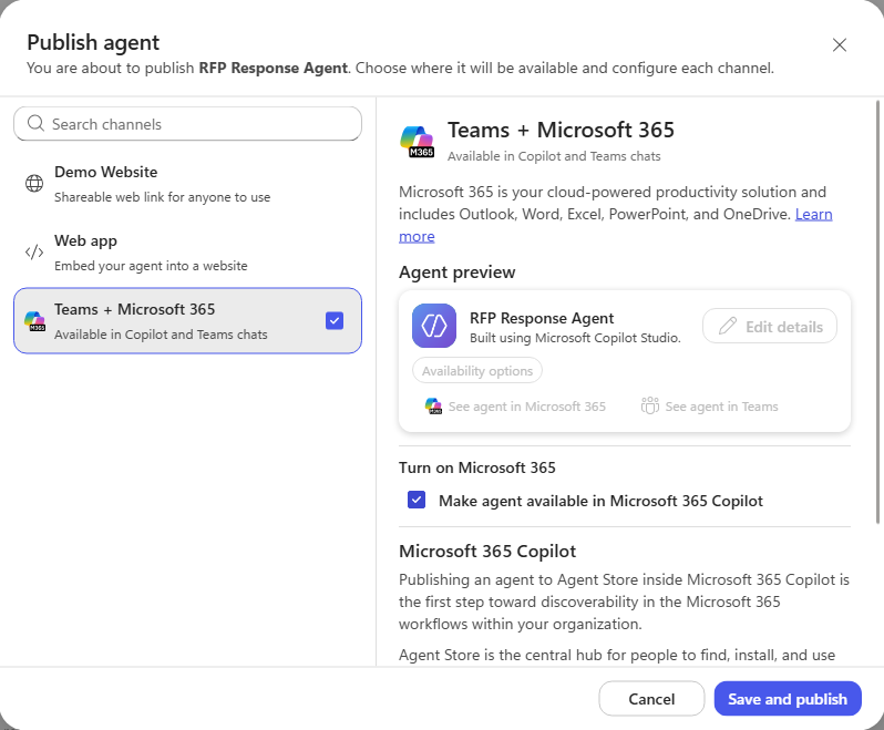The Publish agent dialog with Teams + Microsoft 365 enabled and M365 Copilot availability ticked