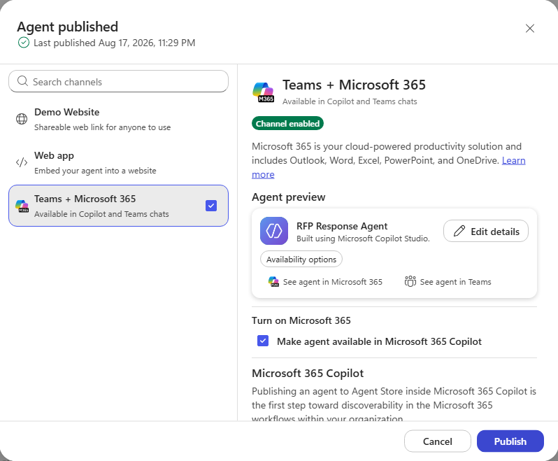 The Agent published confirmation showing the Teams + Microsoft 365 channel enabled