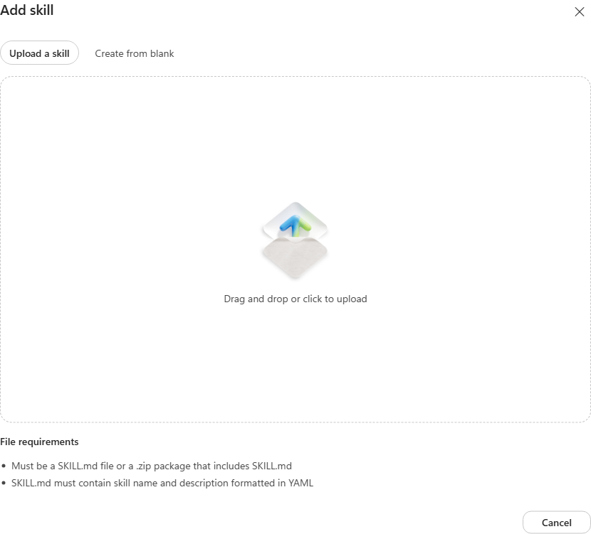 The Add skill dialog with the Upload a skill and Create from blank tabs