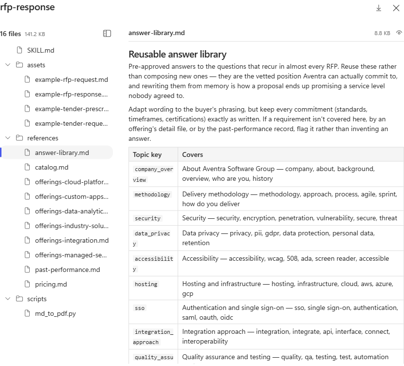 The answer-library.md reference open in the skill viewer, showing the topic-key table