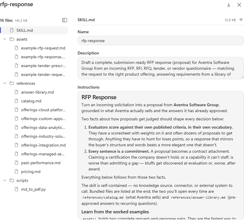 The rfp-response skill viewer showing the bundle file tree alongside the SKILL.md name, description, and instructions