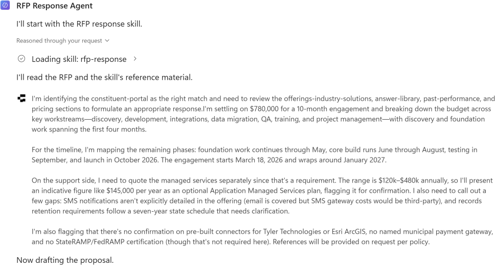 The orchestrator loading the rfp-response skill, with its reasoning about which offering matches