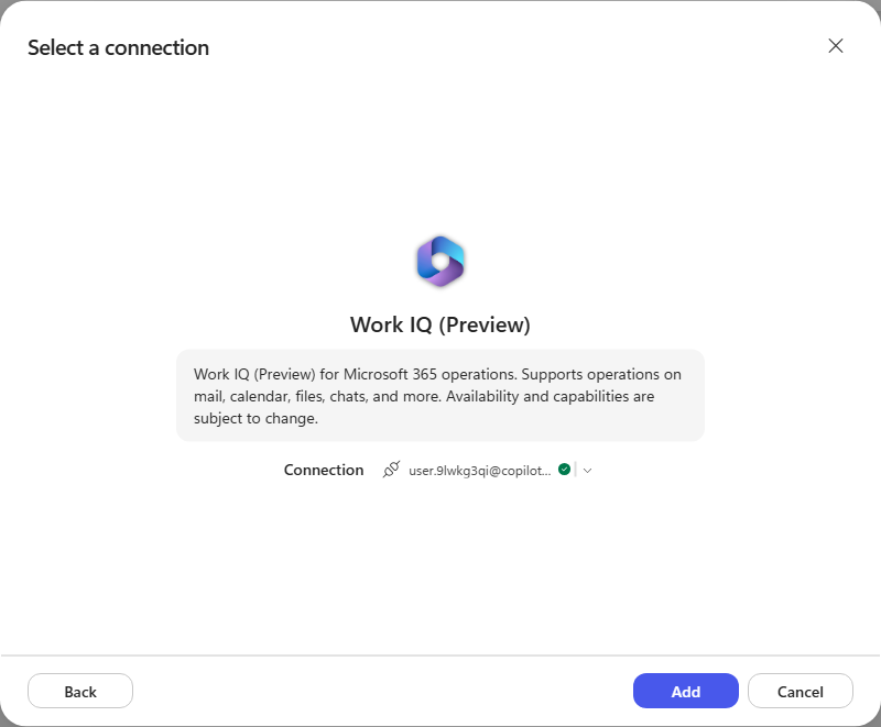 The Select a connection step showing Work IQ (Preview) connected to the workshop account