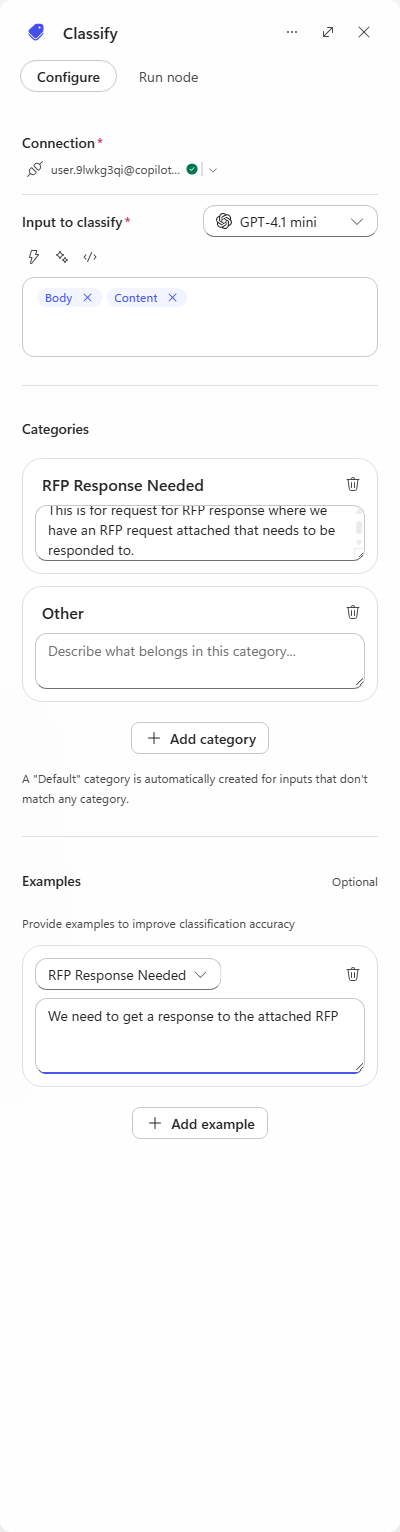 The Classify node configured with input chips, one category and one example