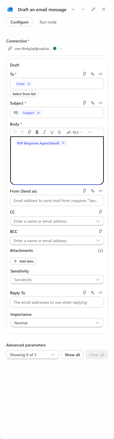 The Draft an email message node bound to From, Subject and the agent Result