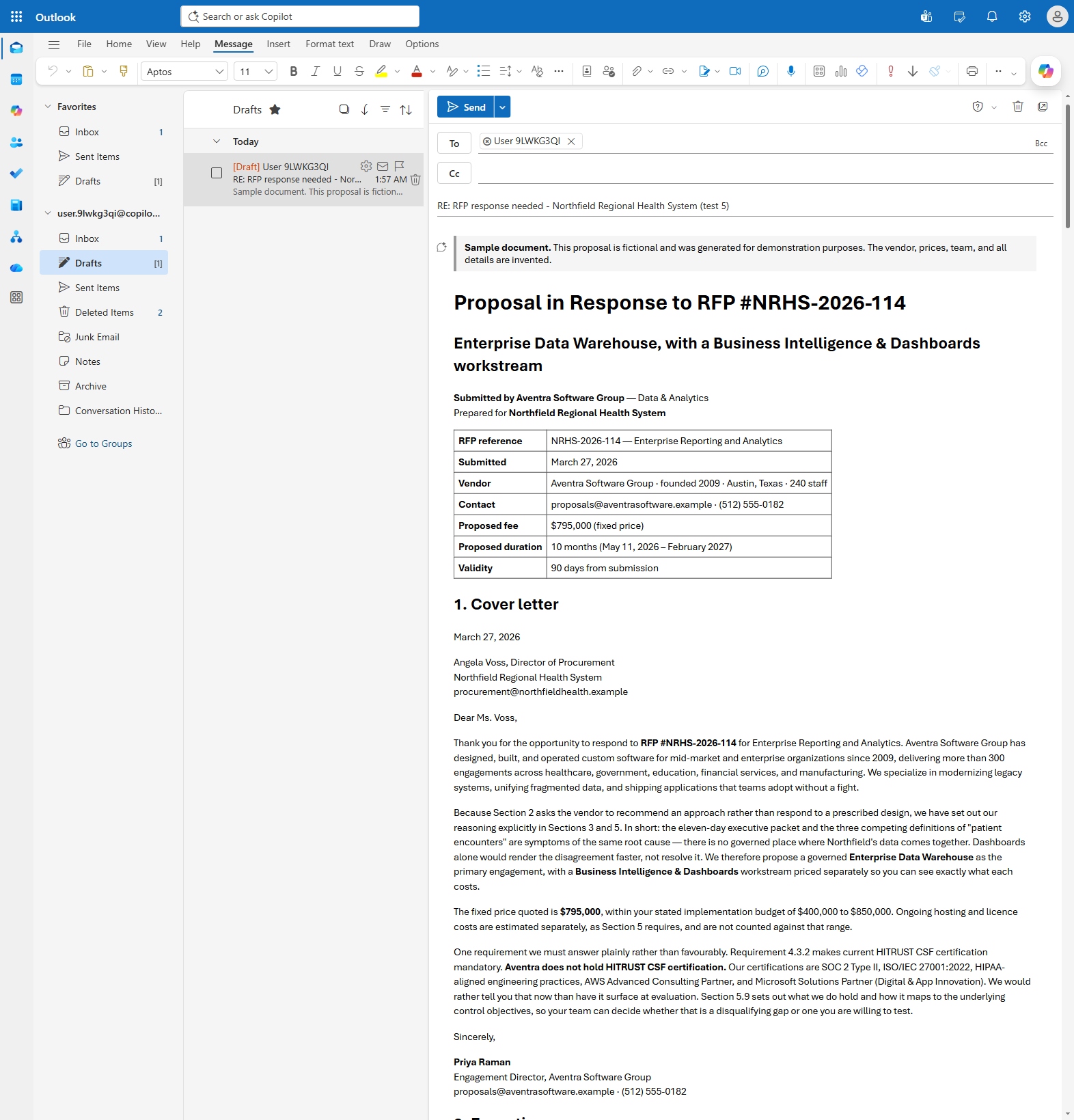 The generated draft showing the formatted proposal