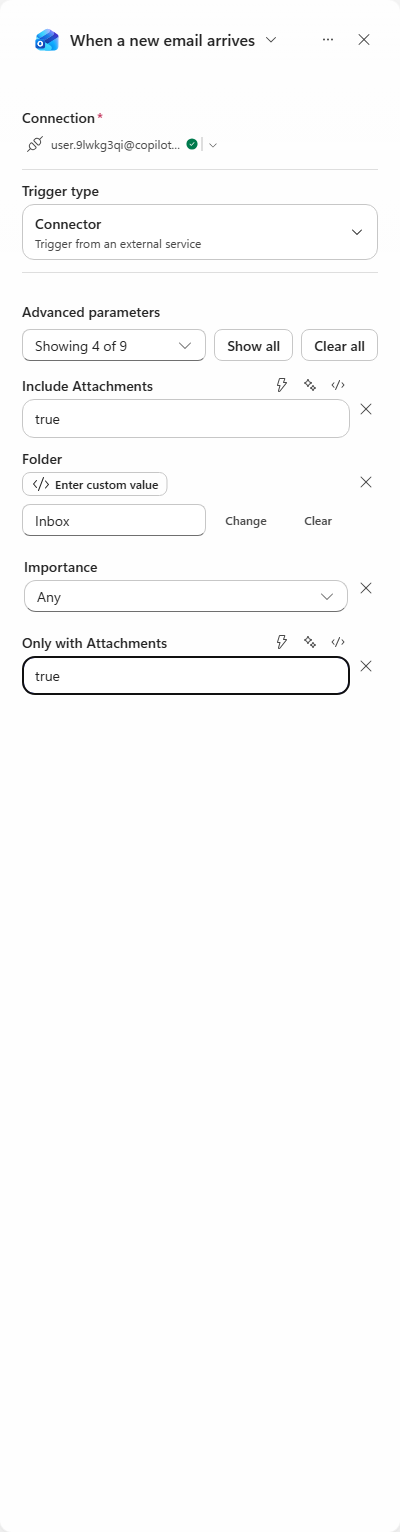 The Outlook trigger configured with attachment parameters
