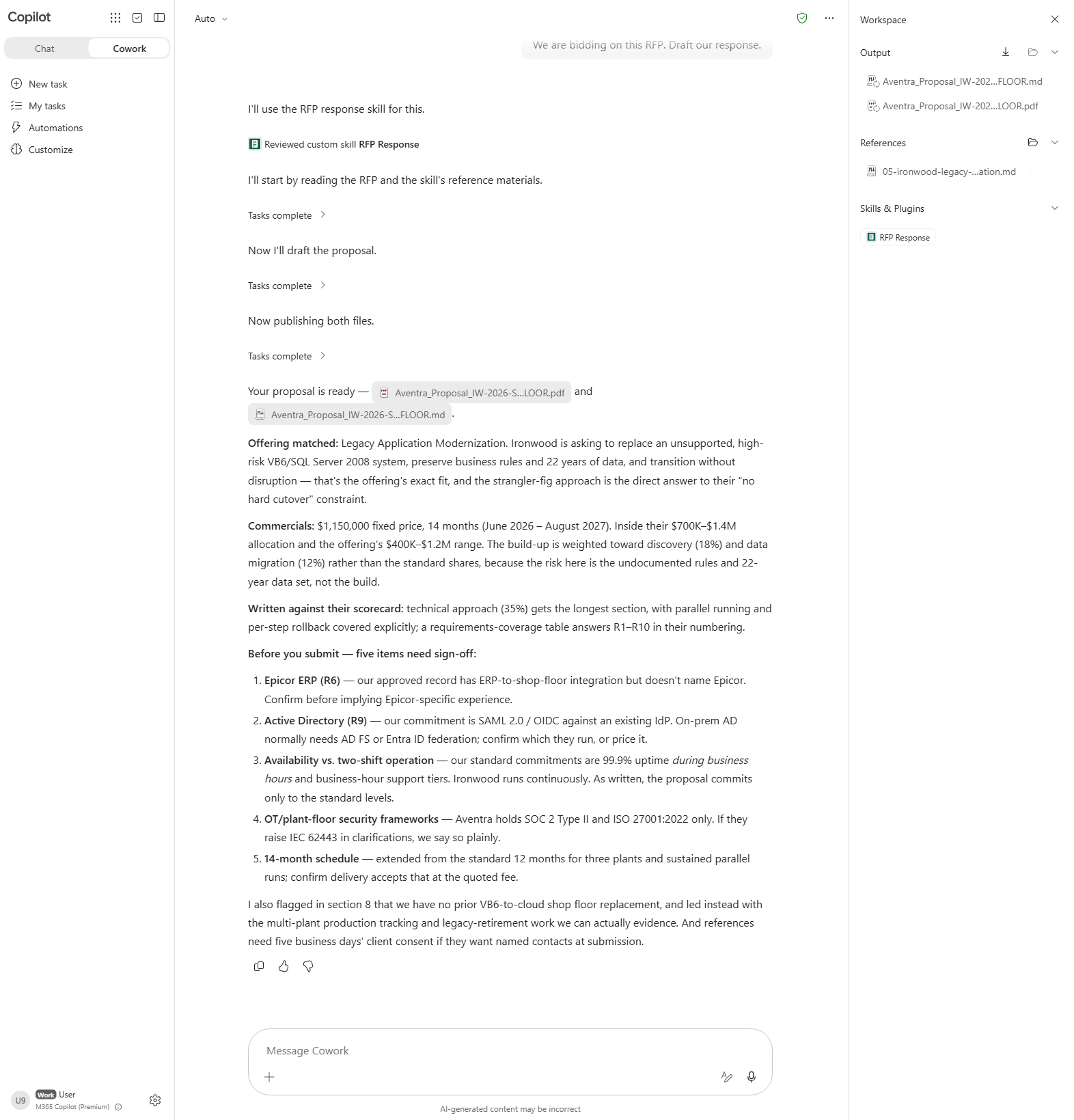 The finished Cowork task with the generated proposal files in the Output folder