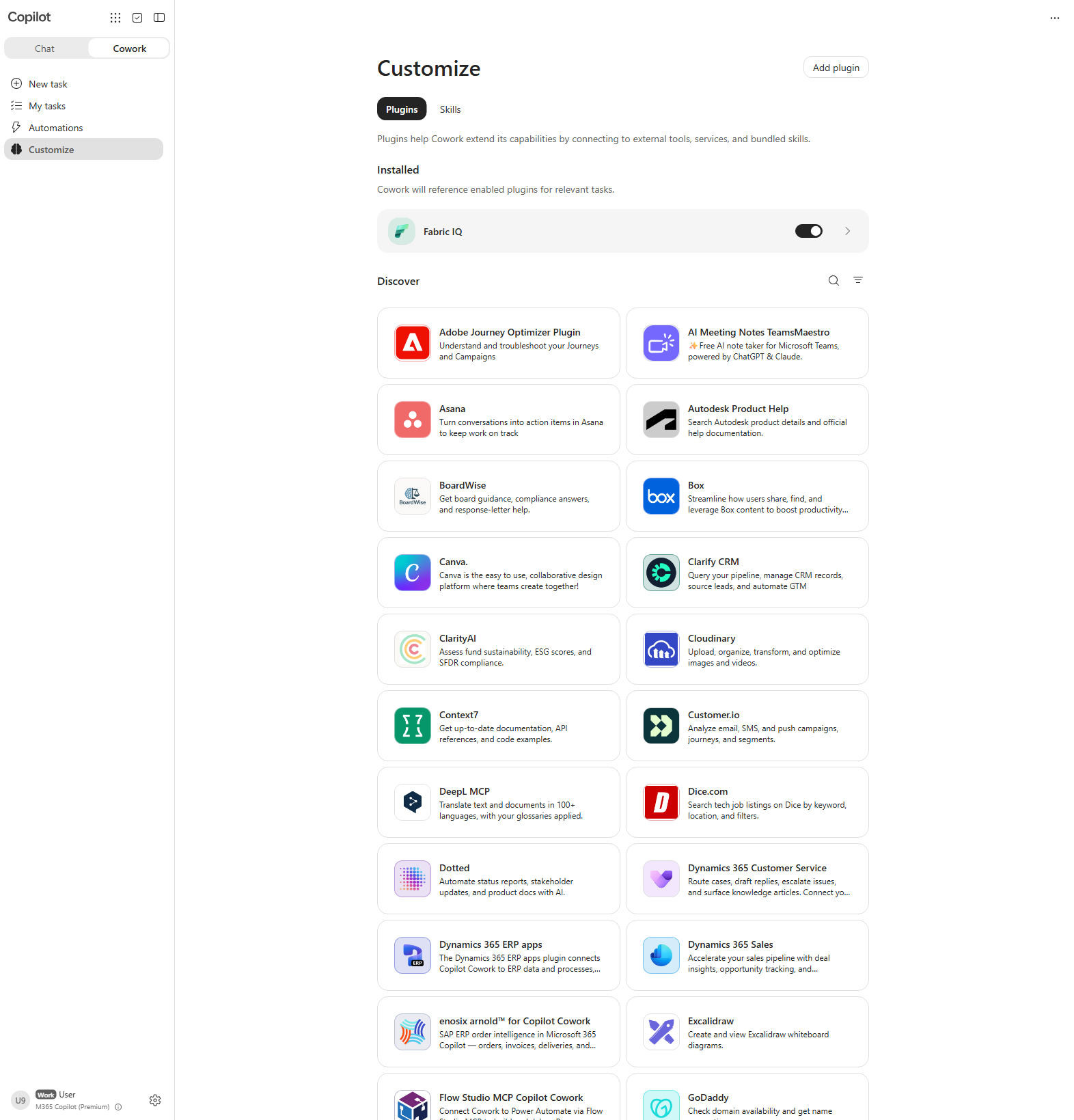 The Cowork Customize page with the Plugins and Skills tabs