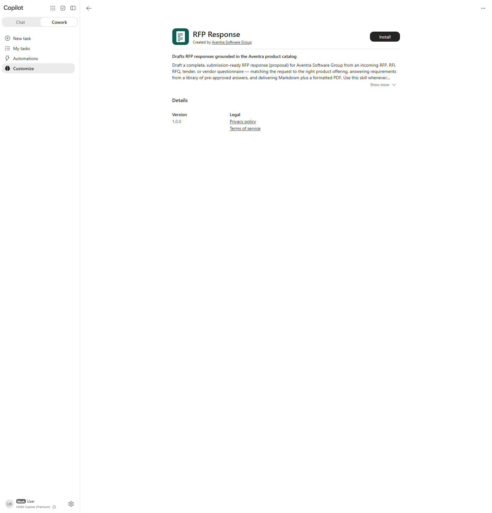 The RFP Response plugin detail page with the Install button