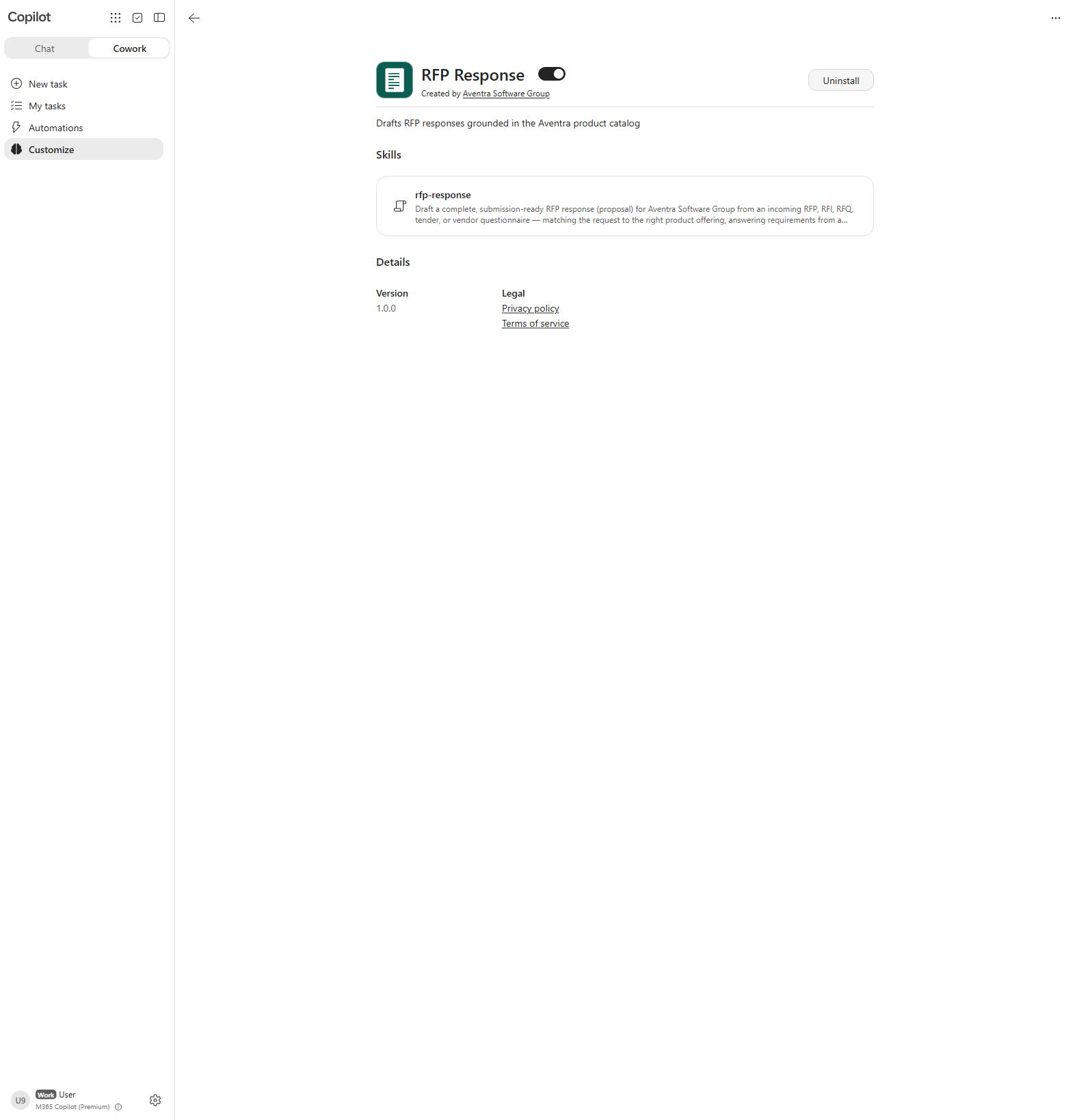 The installed plugin showing the bundled rfp-response skill