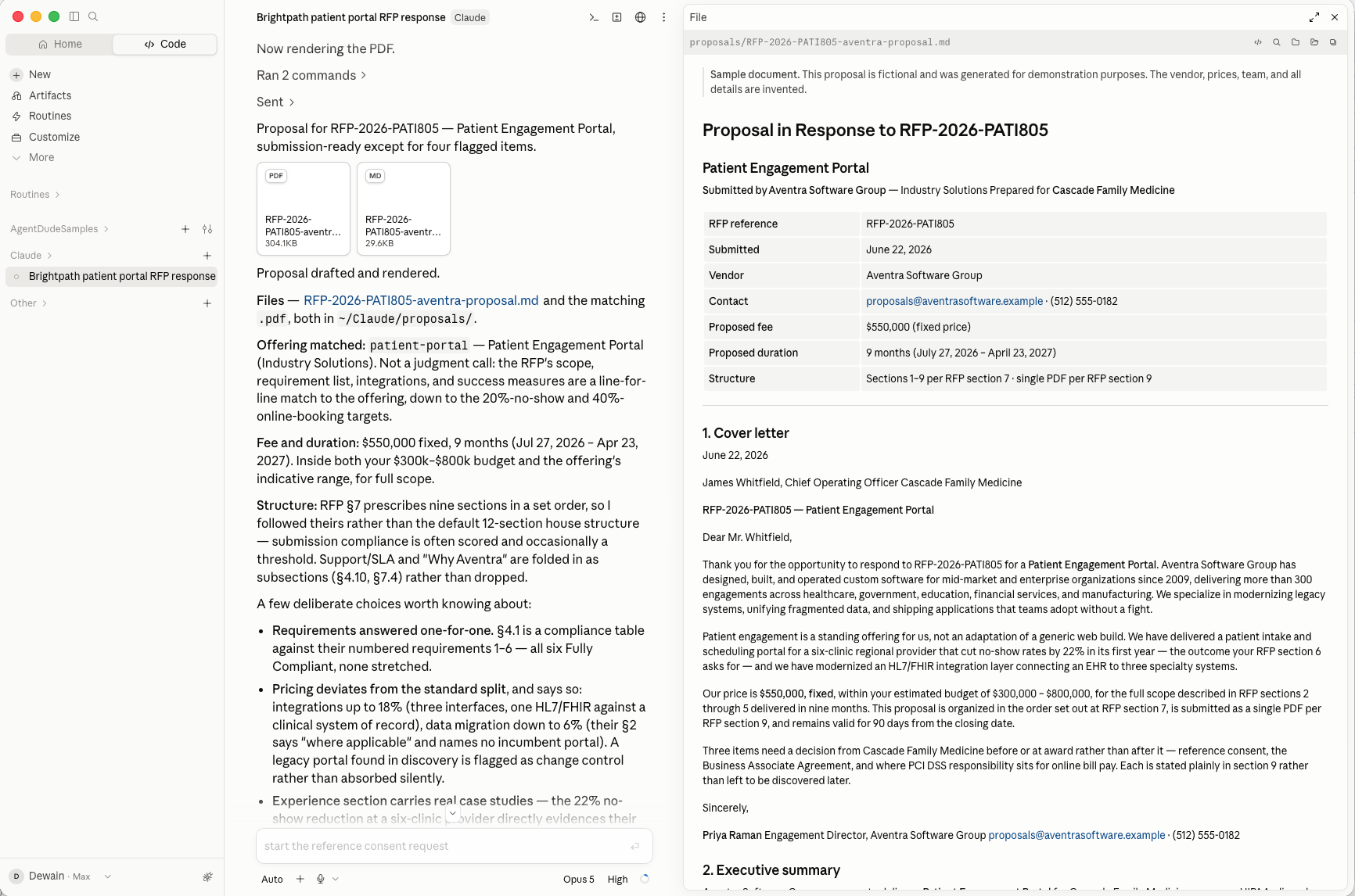 A coding agent run producing the Aventra proposal markdown and PDF on the local filesystem