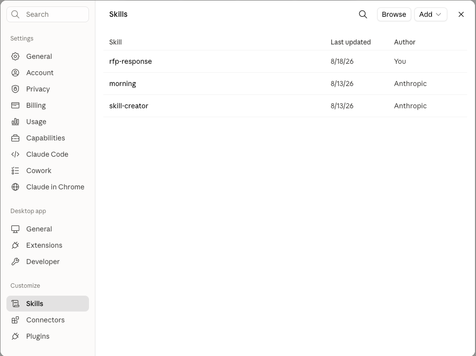 The Claude settings Skills list showing rfp-response authored by You alongside built-in skills