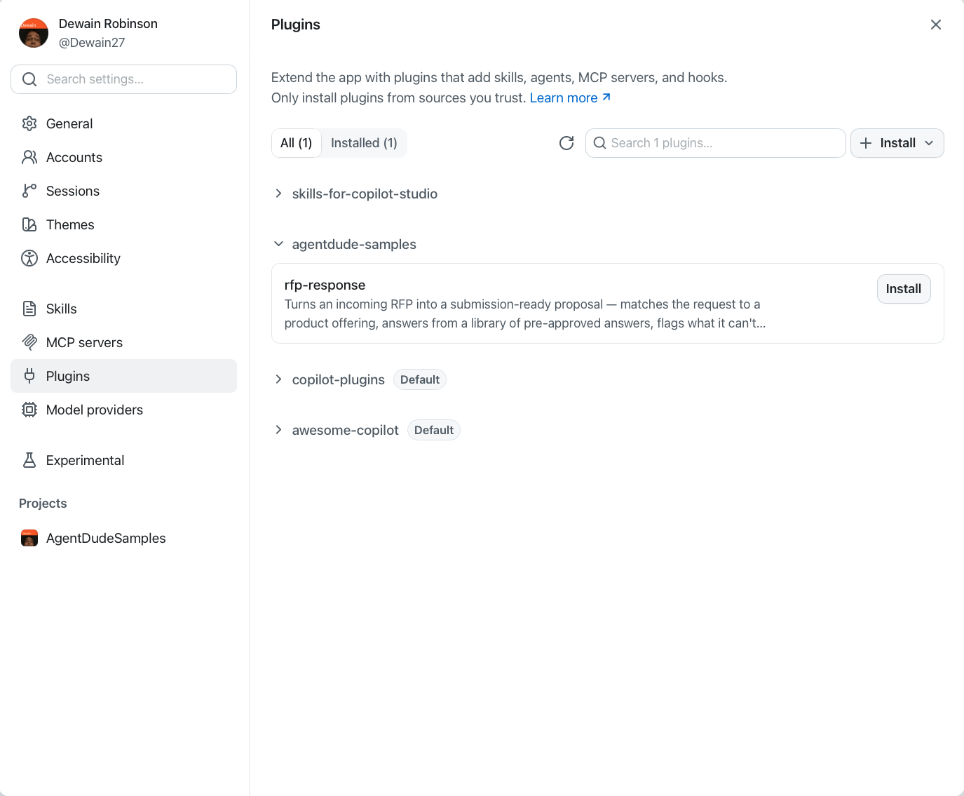 The GitHub Copilot app Plugins settings offering the rfp-response skill from a plugin source