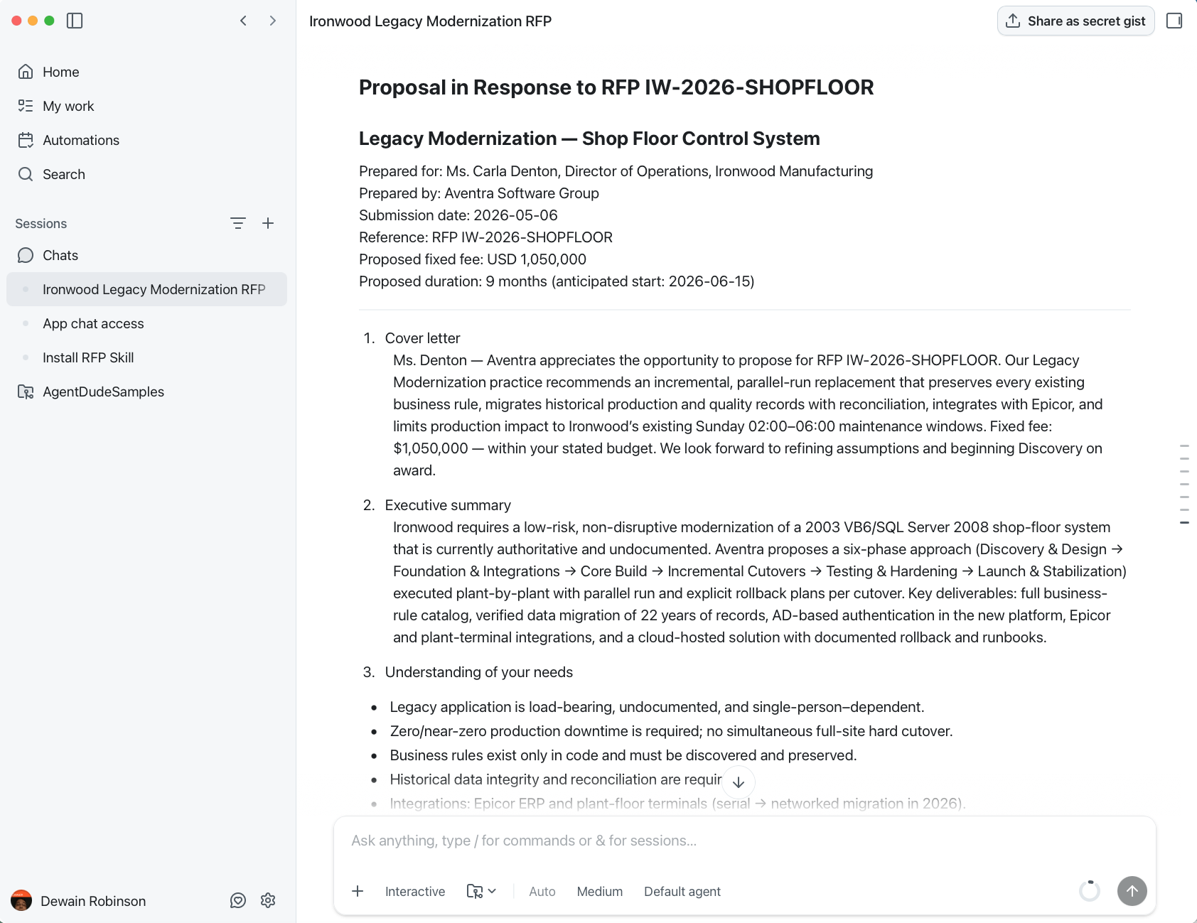 The GitHub Copilot app showing the Ironwood proposal produced by the same skill