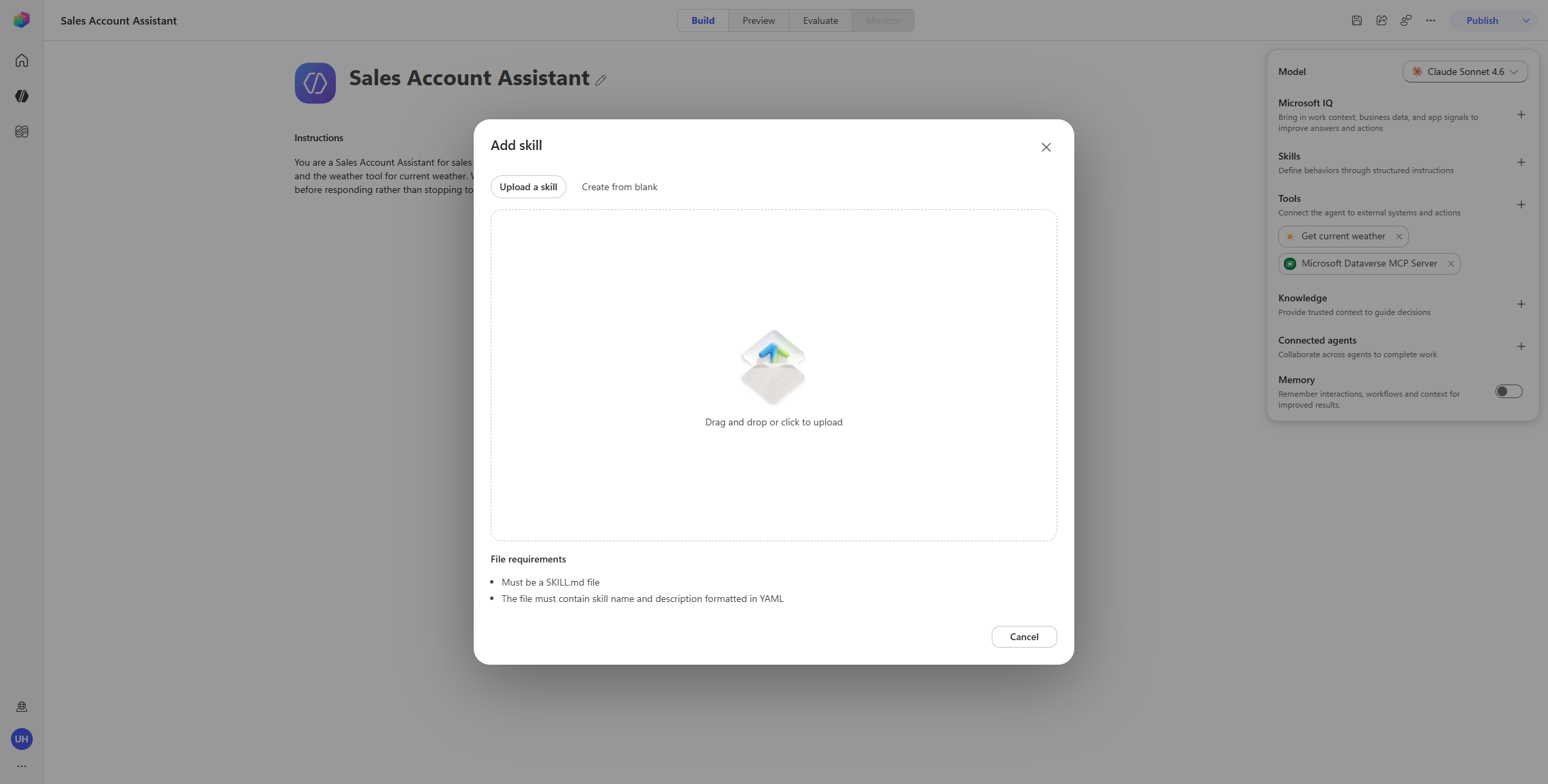 Add skill dialog — Upload or Create from blank