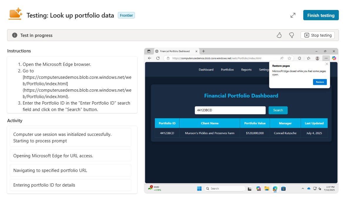 Testing interface for portfolio lookup with Financial Portfolio Dashboard showing search results for portfolio Test