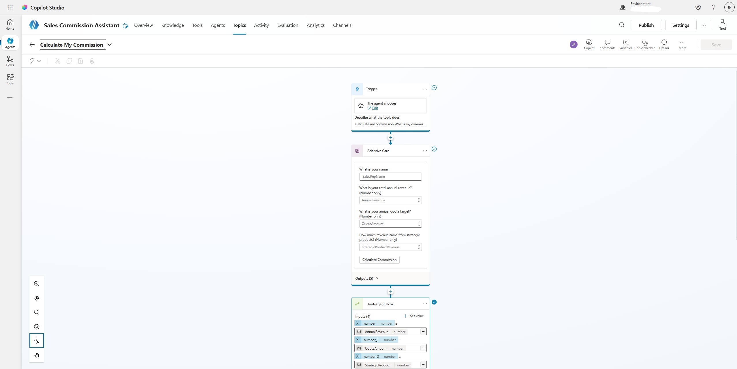Sales Commission Assistant workflow in Copilot Studio showing trigger, adaptive card form, and tool agent flow components