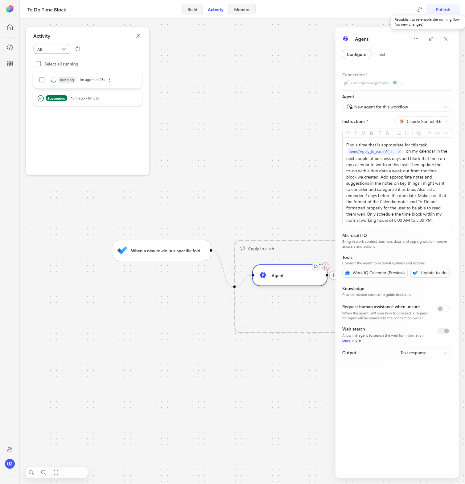 The new run showing as Running in the Activity view