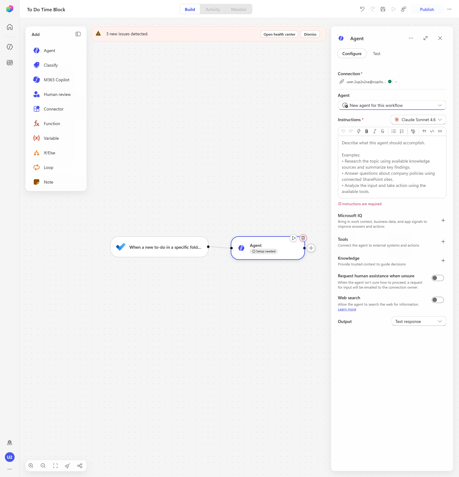 Agent node added with New agent for this workflow selected