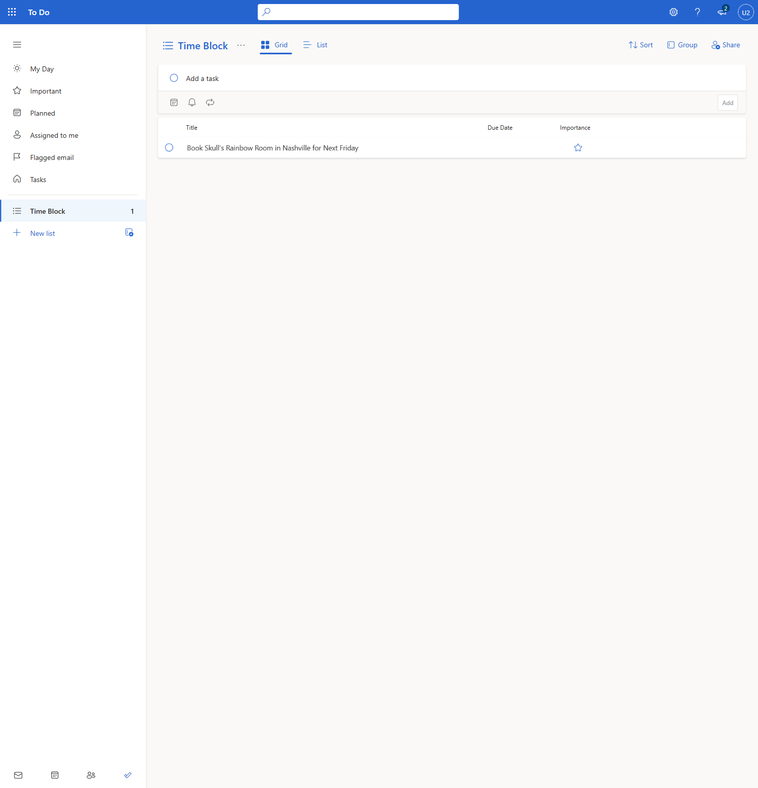 The new task added to the Time Block list in Microsoft To Do