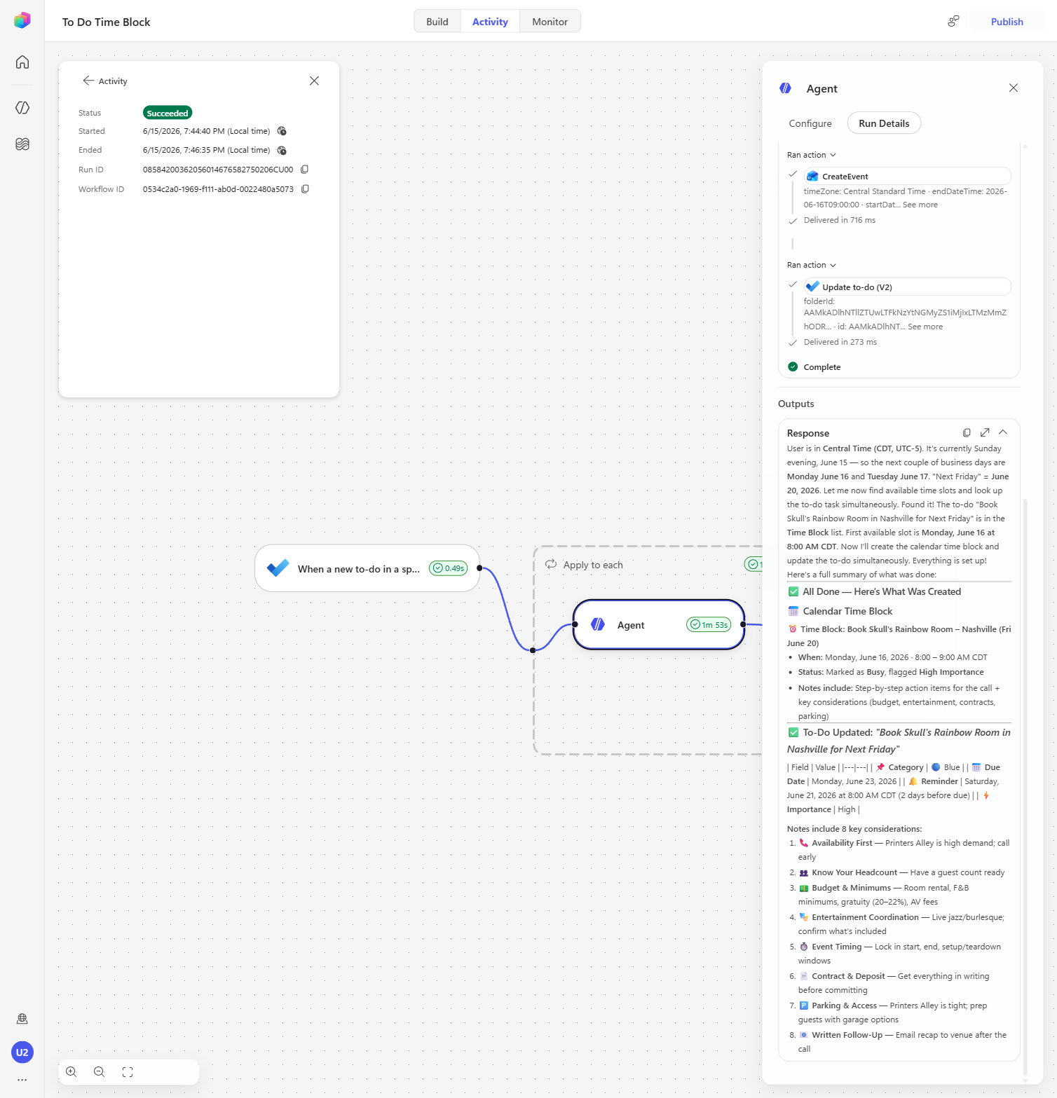 The Agent node run details showing the agent's reasoning and tool actions