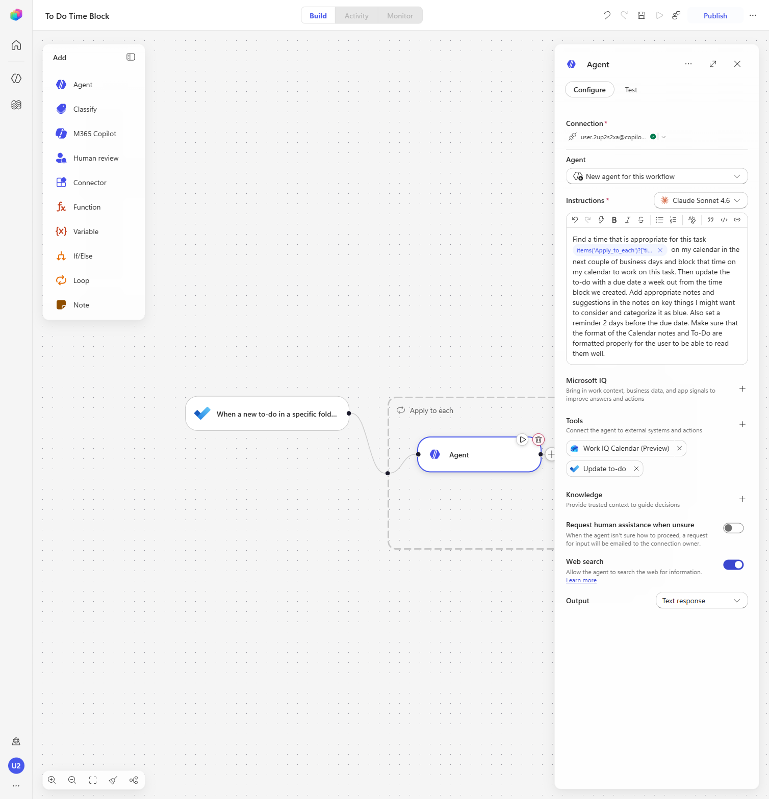 Agent configured with Work IQ Calendar and Update to-do tools and Web search enabled