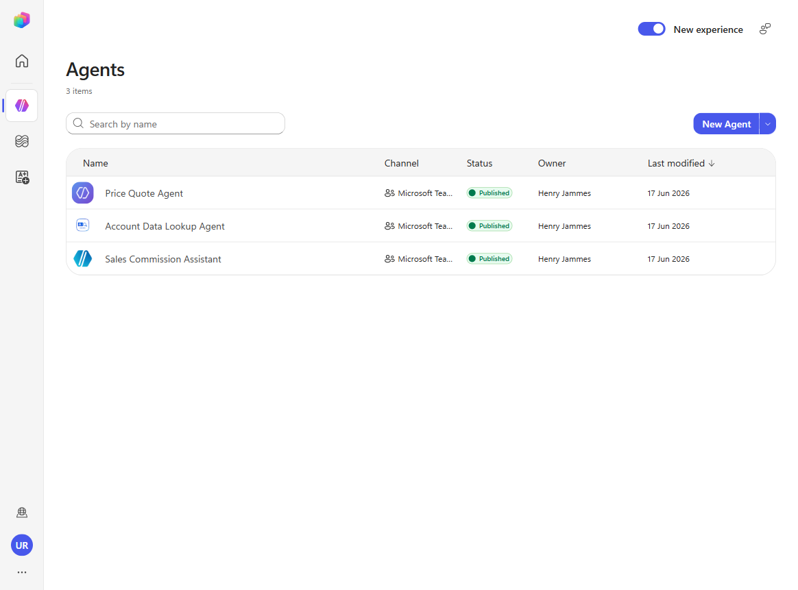 The Agents list with the New experience toggle enabled