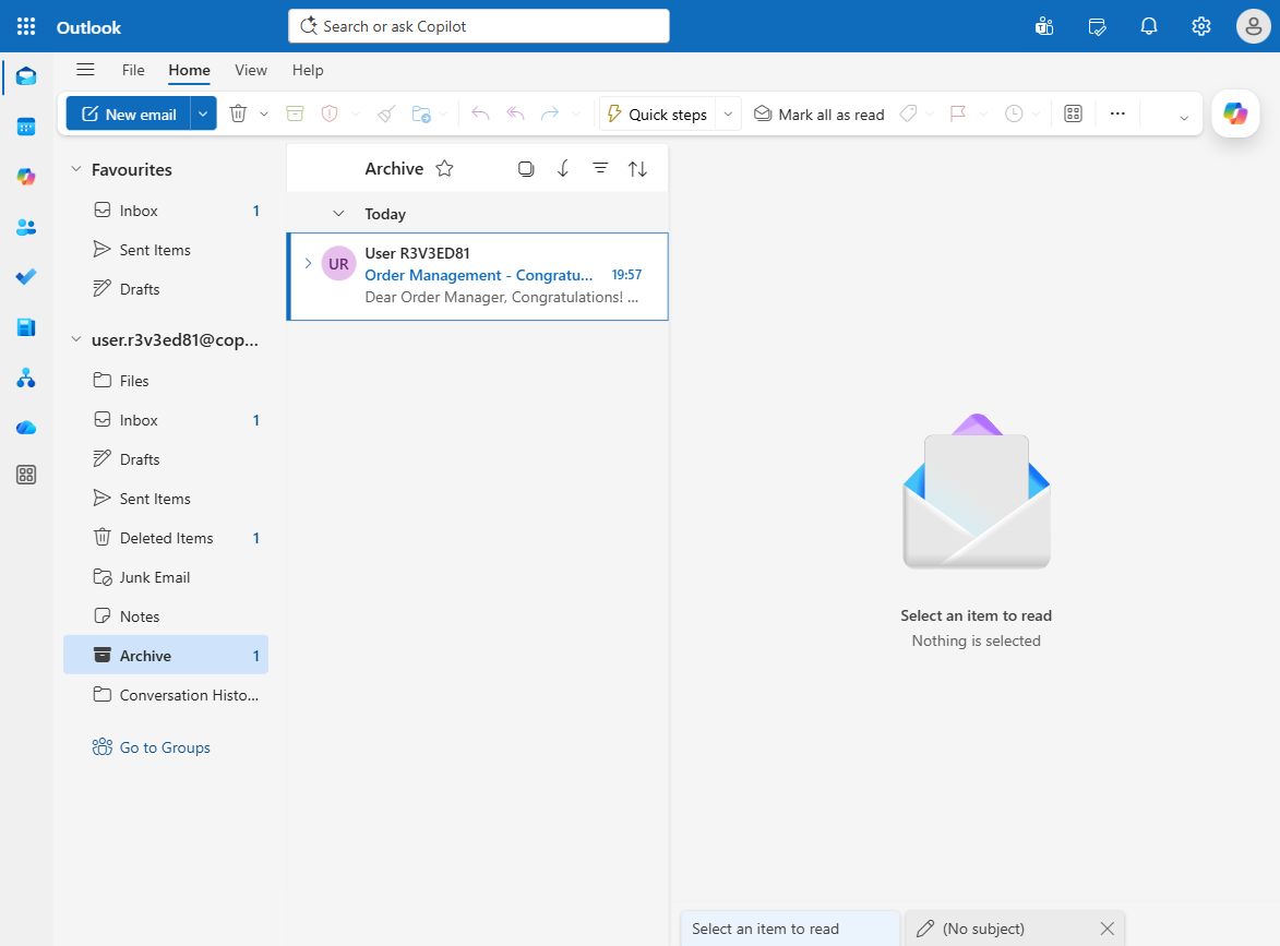 The test email moved to the Archive folder by the workflow