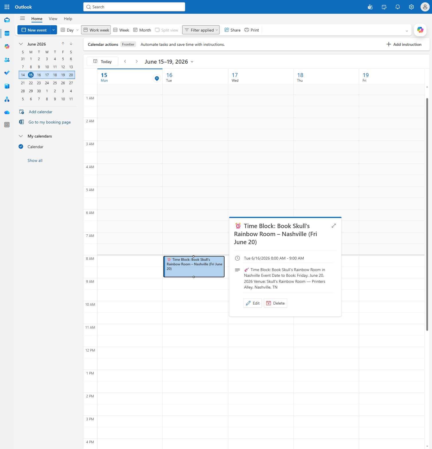 The calendar time-block event the agent created in Outlook