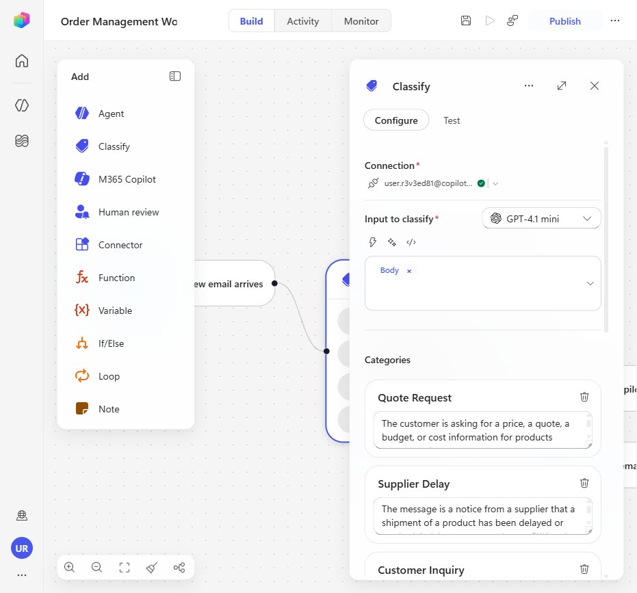 The Classify node with Dataverse connection established