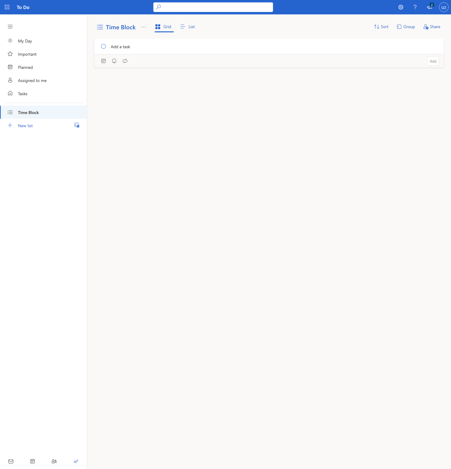 The new Time Block list created in Microsoft To Do
