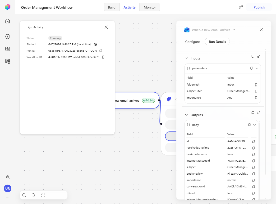 The Activity panel showing the run entering the Customer Inquiry path