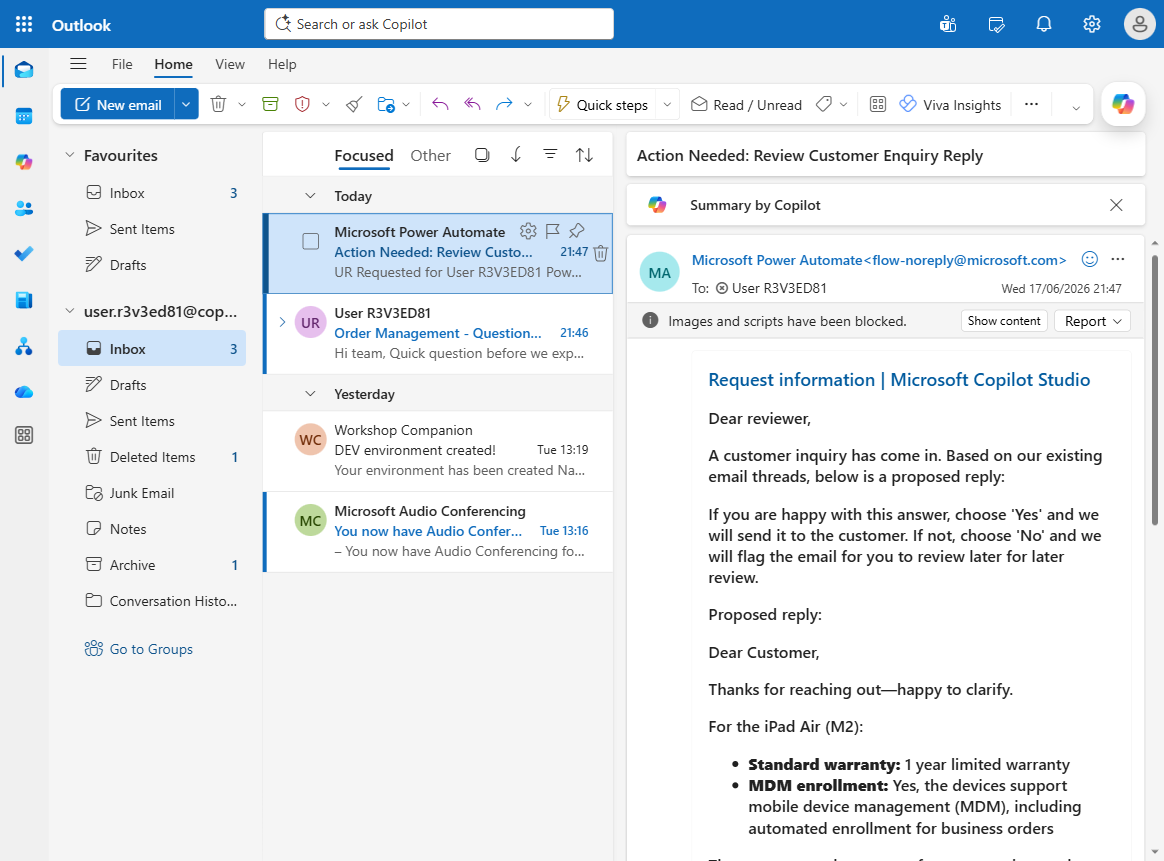 The approval email in Outlook with the proposed reply and Yes button