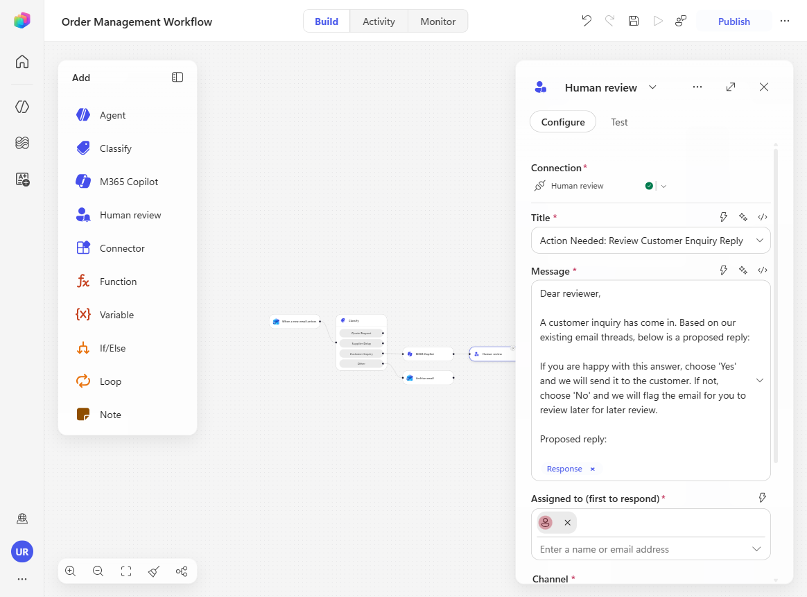 The Human review node showing the proposed M365 reply and approval options