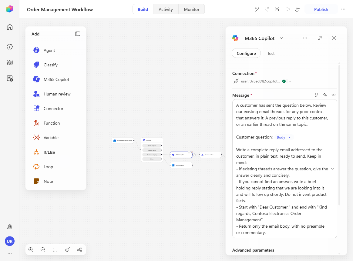 The M365 Copilot node showing the Customer question input from the email body