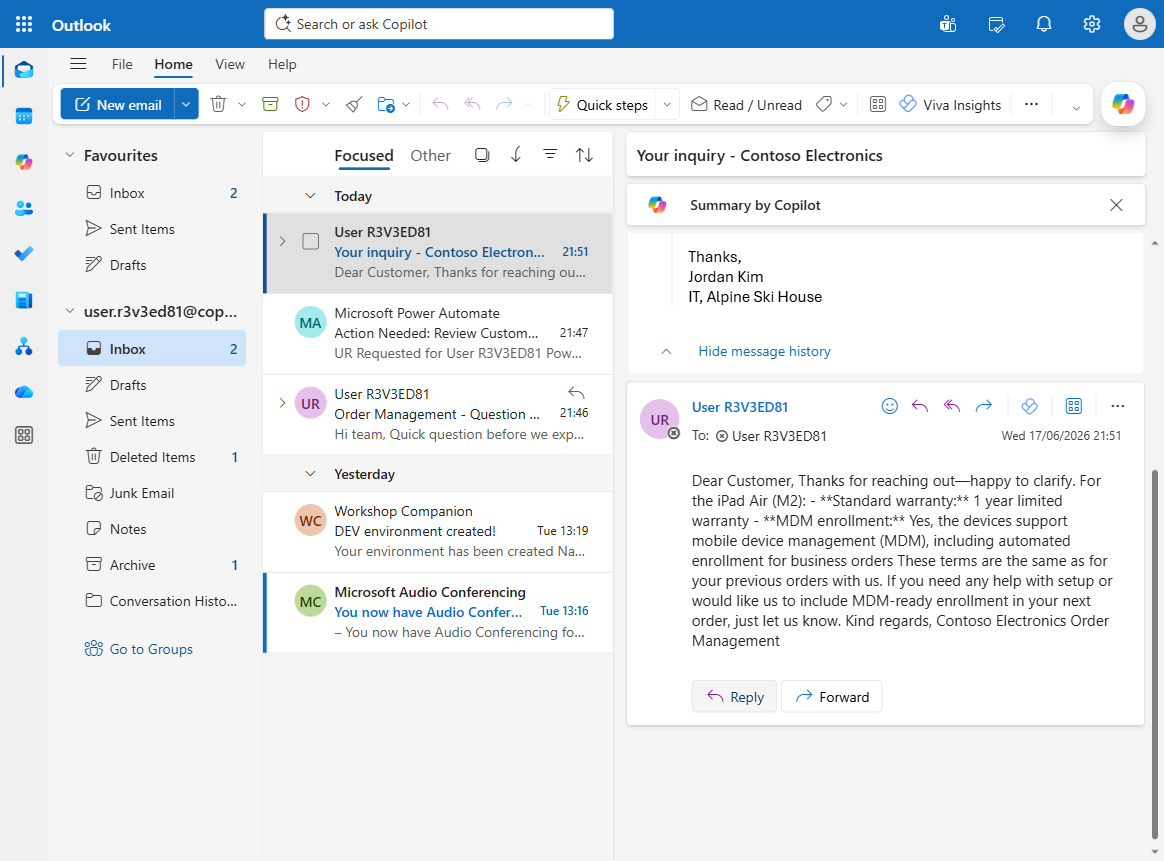 The approved reply email received in the inbox