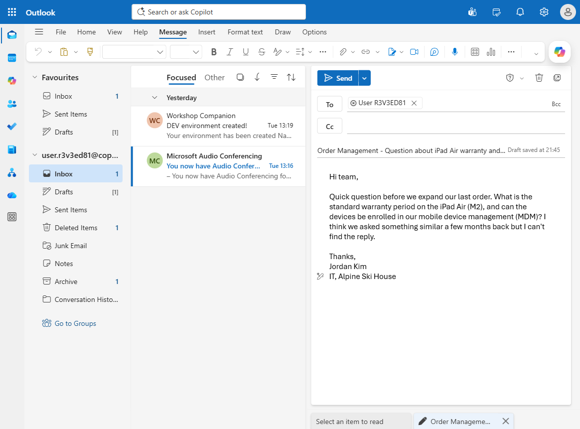 The customer inquiry test email being composed in Outlook