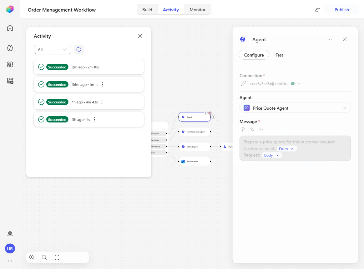 The Activity panel showing the Quote Request branch run completed